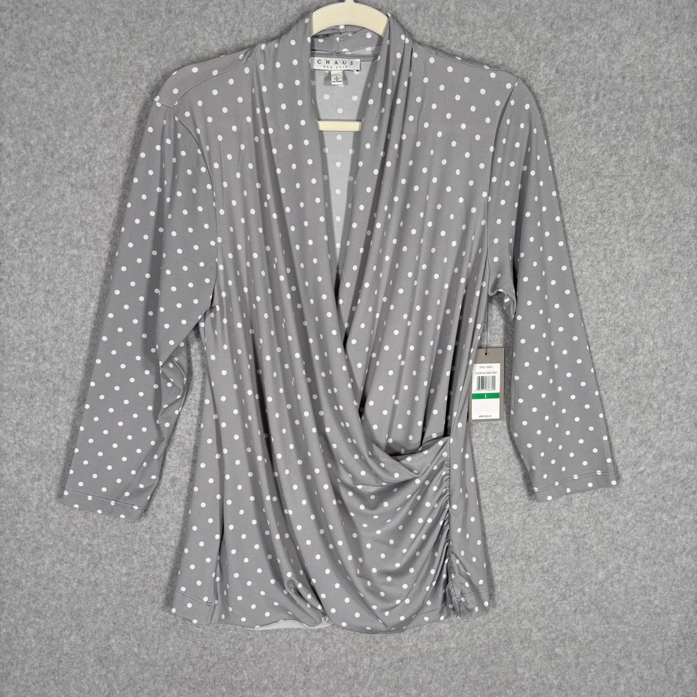 NEW‎ Chaus Wrap Babydoll Top Large Haze Grey Polka Dot Ruched Slinky Liquid